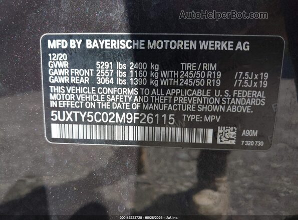 5UXTY5C02M9F26115 2021 BMW X3 Black Շարժիչի բաժամունքի տեսք