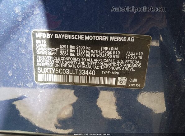 5UXTY5C03LLT33440 2020 BMW X3 Blue 