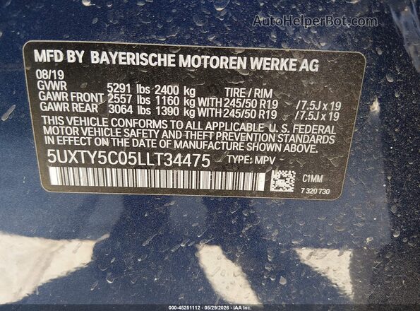 5UXTY5C05LLT34475 2020 BMW X3 Blue Engine compartment view
