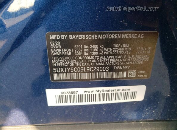 5UXTY5C09L9C29003 2020 BMW X3 Blue VIN კოდის სტიკერის ხედი