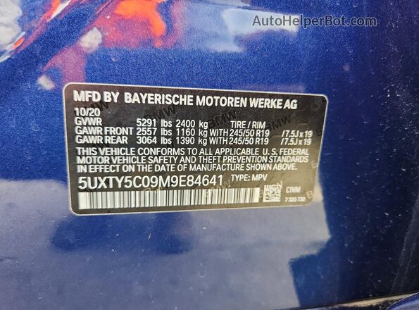 5UXTY5C09M9E84641 2021 BMW X3 Blue VIN კოდის სტიკერის ხედი