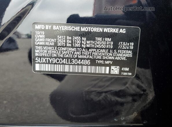 5UXTY9C04LL304486 2020 BMW X3 Blue Widok naklejki z numerem VIN