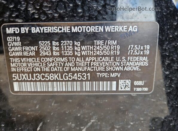 5UXUJ3C58KLG54531 2019 BMW X4 Black Widok naklejki z numerem VIN