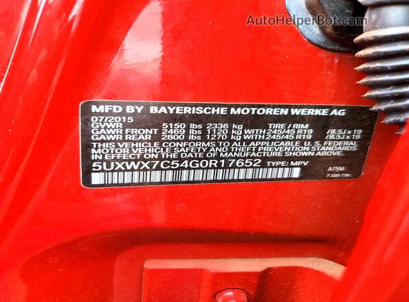 5UXWX7C54G0R17652 2016 BMW X3 Red VIN կոդի պիտակի տեսք