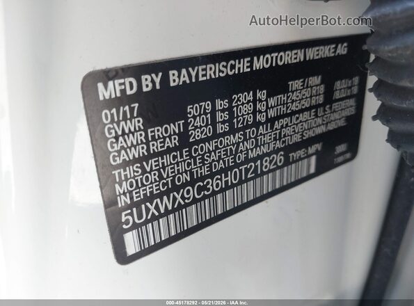 5UXWX9C36H0T21826 2017 BMW X3 White Engine compartment view