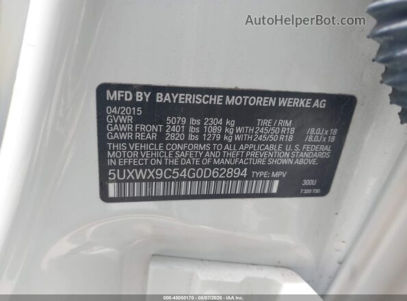 5UXWX9C54G0D62894 2016 BMW X3 White 