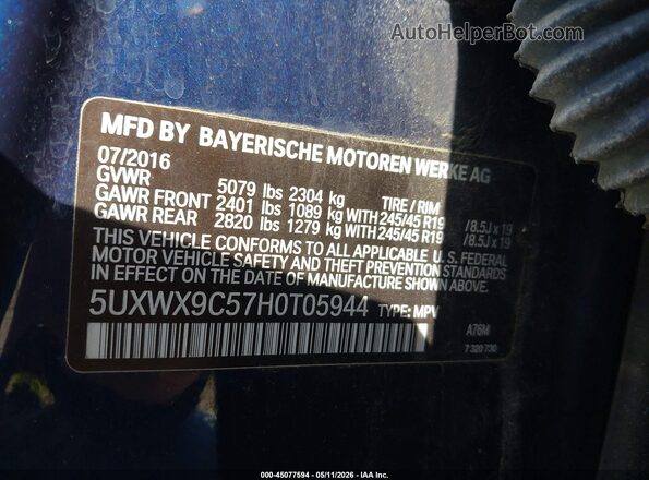 5UXWX9C57H0T05944 2017 BMW X3 Blue 