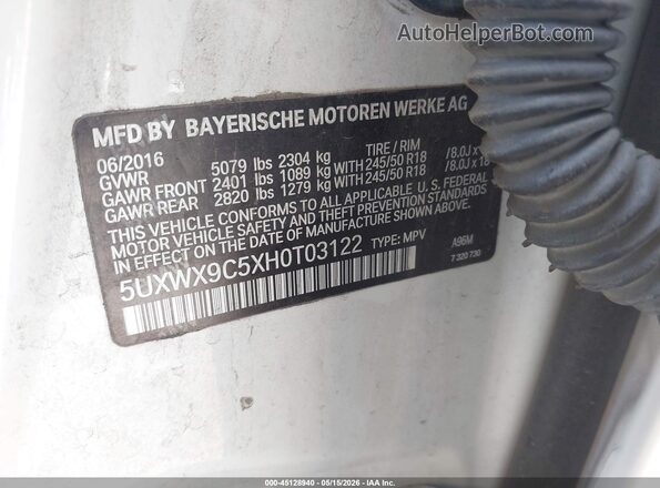 5UXWX9C5XH0T03122 2017 BMW X3 White 