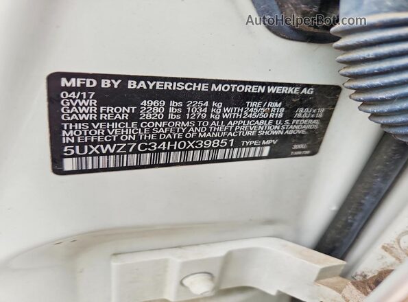 5UXWZ7C34H0X39851 2017 BMW X3 White Widok naklejki z numerem VIN