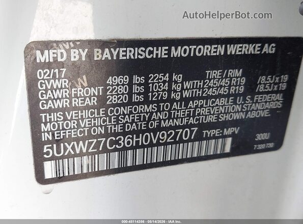 5UXWZ7C36H0V92707 2017 BMW X3 White Շարժիչի բաժամունքի տեսք