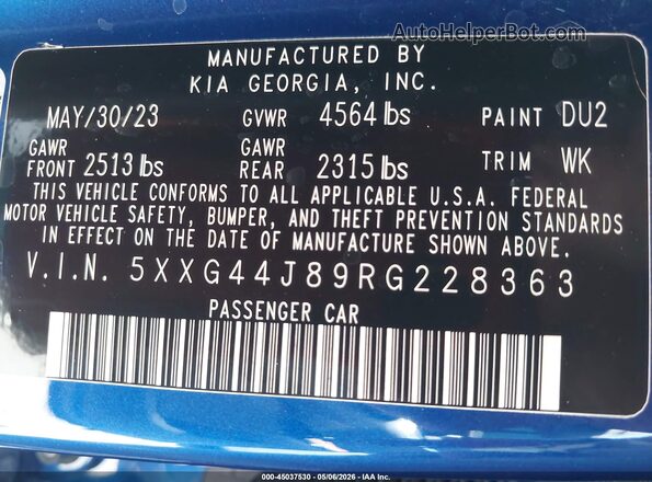 5XXG44J89RG228363 2024 KIA K5 Blue Widok komory silnika