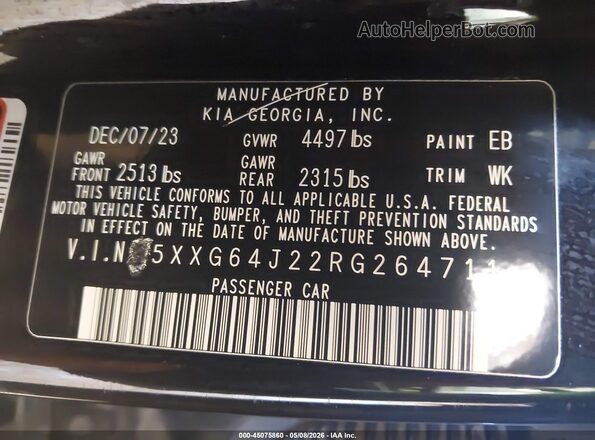 5XXG64J22RG264711 2024 KIA K5 Black Vista del compartimento del motor