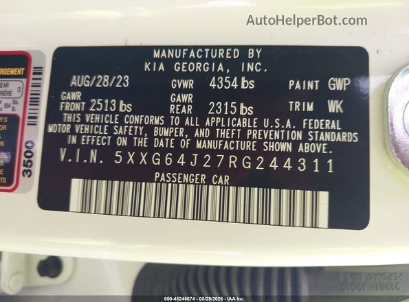 5XXG64J27RG244311 2024 KIA K5 White Շարժիչի բաժամունքի տեսք