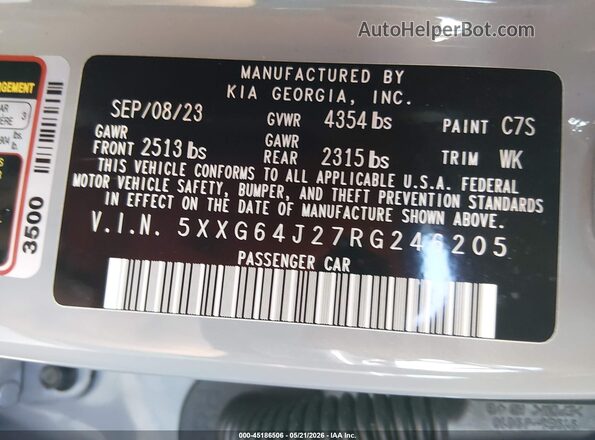 5XXG64J27RG246205 2024 KIA K5 Gray ძრავის განყოფილების ხედი