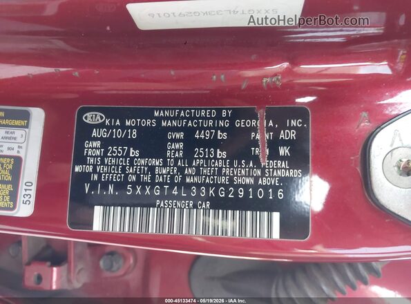 5XXGT4L33KG291016 2019 KIA OPTIMA Red 