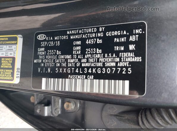5XXGT4L34KG307725 2019 KIA OPTIMA Gray 