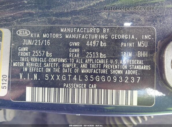 5XXGT4L35GG093237 2016 KIA OPTIMA Blue 