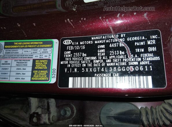 5XXGT4L38GG050611 2016 KIA OPTIMA Maroon ძრავის განყოფილების ხედი