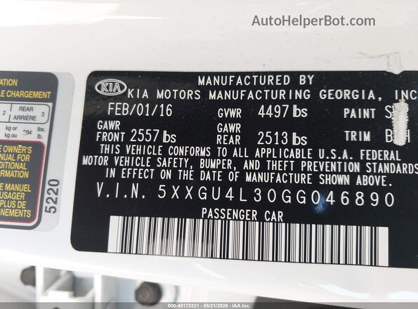 5XXGU4L30GG046890 2016 KIA OPTIMA White 