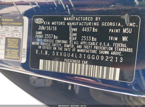 5XXGU4L31GG092213 2016 KIA OPTIMA Синий Вид подкапотного пространства