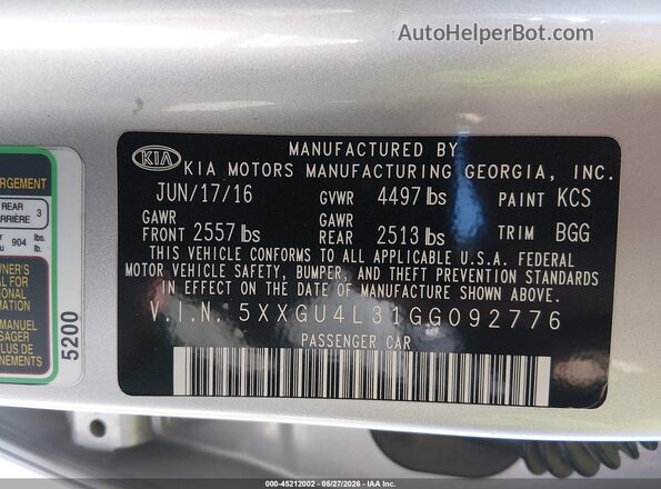 5XXGU4L31GG092776 2016 KIA OPTIMA Silver Engine compartment view
