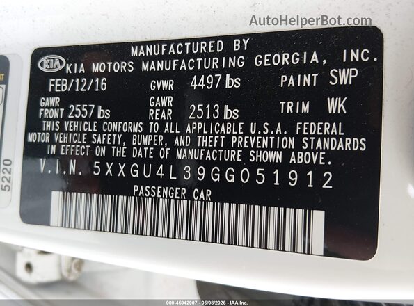 5XXGU4L39GG051912 2016 KIA OPTIMA White Widok komory silnika