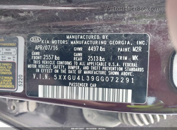 5XXGU4L39GG072291 2016 KIA OPTIMA Maroon Engine compartment view