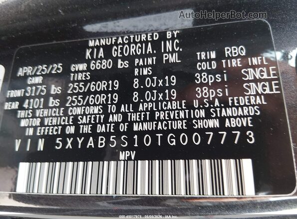 5XYAB5S10TG007773 2026 KIA EV9 Black ძრავის განყოფილების ხედი