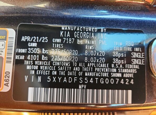 5XYADFS54TG007424 2026 KIA EV9 Black VIN sticker view