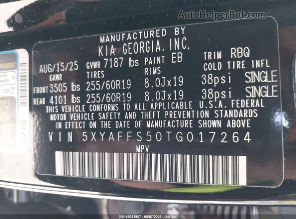 5XYAFFS50TG017264 2026 KIA EV9 Black Вид підкапотного простору