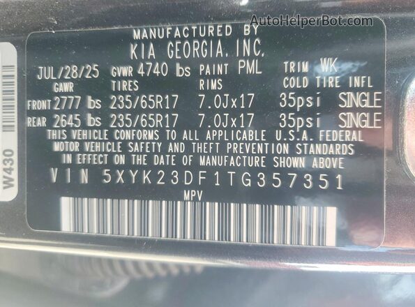 5XYK23DF1TG357351 2026 KIA SPORTAGE Charcoal Vista de la etiqueta del VIN