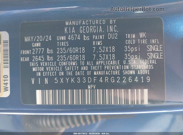 5XYK33DF4RG226419 2024 KIA SPORTAGE Blue 