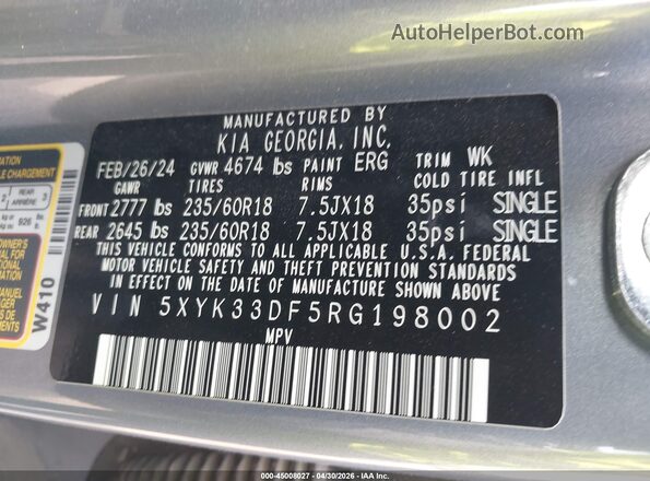 5XYK33DF5RG198002 2024 KIA SPORTAGE Gray Vista del compartimento del motor