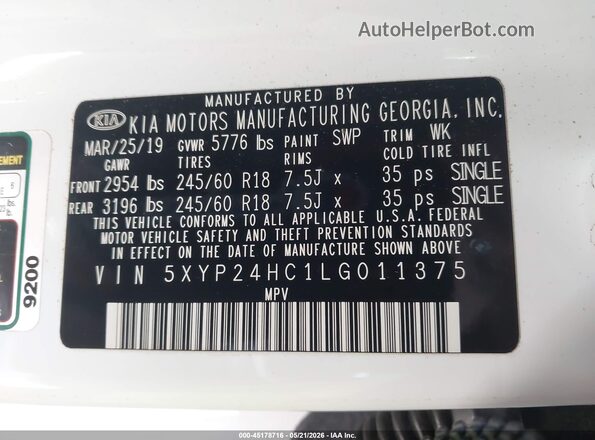 5XYP24HC1LG011375 2020 KIA TELLURIDE White Widok komory silnika