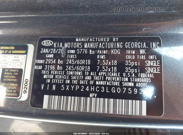 5XYP24HC3LG075935 2020 KIA TELLURIDE Gray Շարժիչի բաժամունքի տեսք