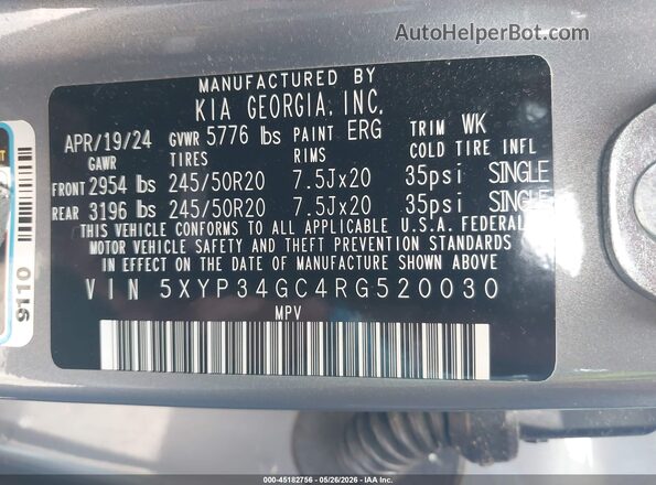 5XYP34GC4RG520030 2024 KIA TELLURIDE Gray Widok komory silnika