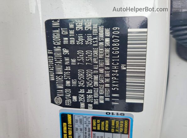5XYP34HC1LG080709 2020 KIA TELLURIDE Белый Вид наклейки с VIN-кодом