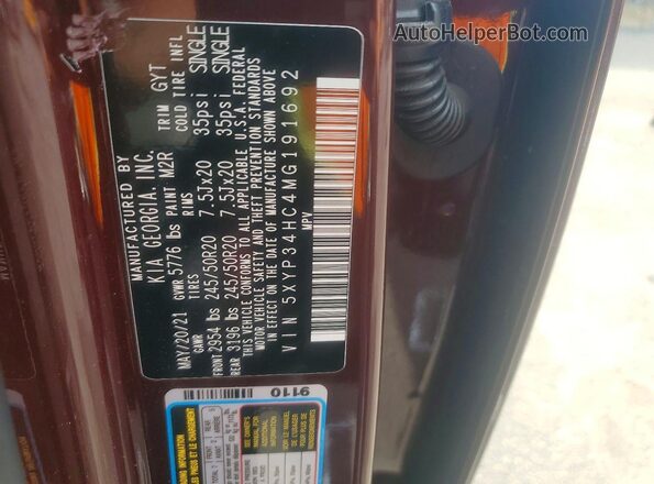 5XYP34HC4MG191692 2021 KIA TELLURIDE Burgundy 