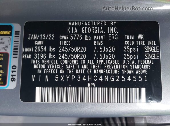 5XYP34HC4NG254551 2022 KIA TELLURIDE Серый 