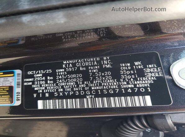 5XYP3DGC1SG714701 2025 KIA TELLURIDE Charcoal Вид наклейки з VIN-кодом