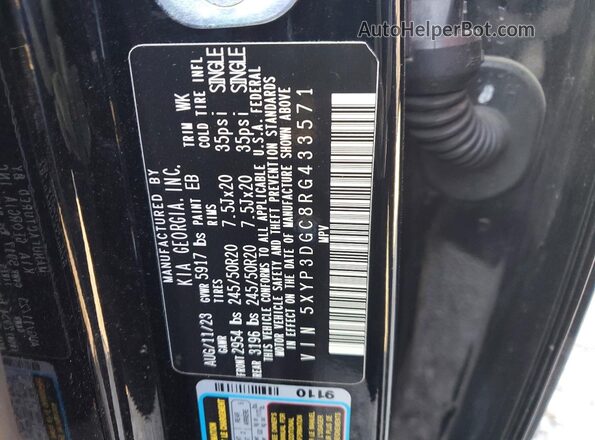 5XYP3DGC8RG433571 2024 KIA TELLURIDE Черный Вид наклейки с VIN-кодом