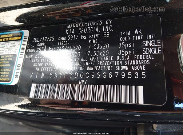 5XYP3DGC9SG679535 2025 KIA TELLURIDE Black Շարժիչի բաժամունքի տեսք