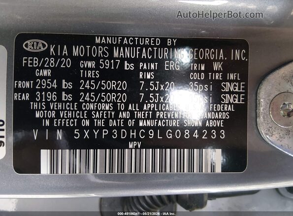 5XYP3DHC9LG084233 2020 KIA TELLURIDE Gray Շարժիչի բաժամունքի տեսք