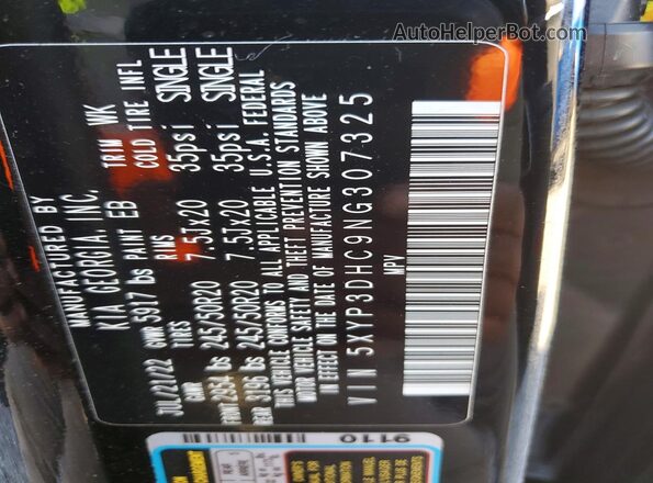 5XYP3DHC9NG307325 2022 KIA TELLURIDE Black Widok naklejki z numerem VIN