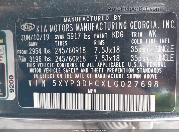5XYP3DHCXLG027698 2020 KIA TELLURIDE Gray Engine compartment view