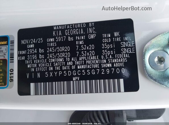 5XYP5DGC5SG729700 2025 KIA TELLURIDE White Widok komory silnika