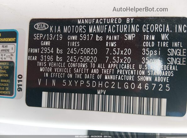 5XYP5DHC2LG046725 2020 KIA TELLURIDE White Engine compartment view