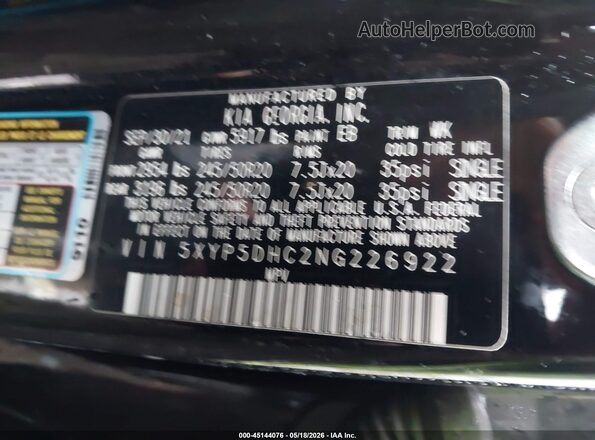5XYP5DHC2NG226922 2022 KIA TELLURIDE Черный Вид подкапотного пространства