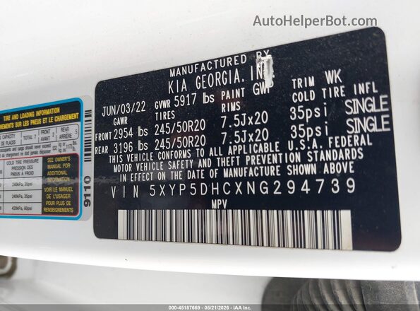5XYP5DHCXNG294739 2022 KIA TELLURIDE White 