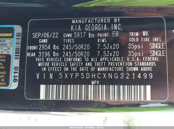5XYP5DHCXNG321499 2022 KIA TELLURIDE Black Widok komory silnika